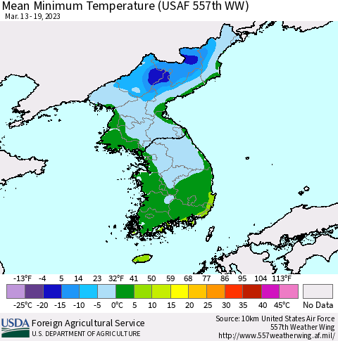 Korea Mean Minimum Temperature (USAF 557th WW) Thematic Map For 3/13/2023 - 3/19/2023