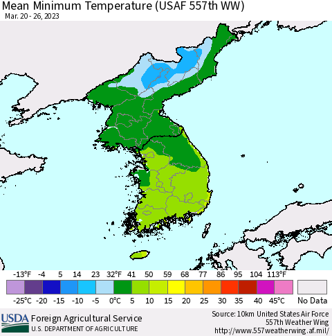Korea Mean Minimum Temperature (USAF 557th WW) Thematic Map For 3/20/2023 - 3/26/2023
