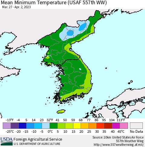Korea Mean Minimum Temperature (USAF 557th WW) Thematic Map For 3/27/2023 - 4/2/2023