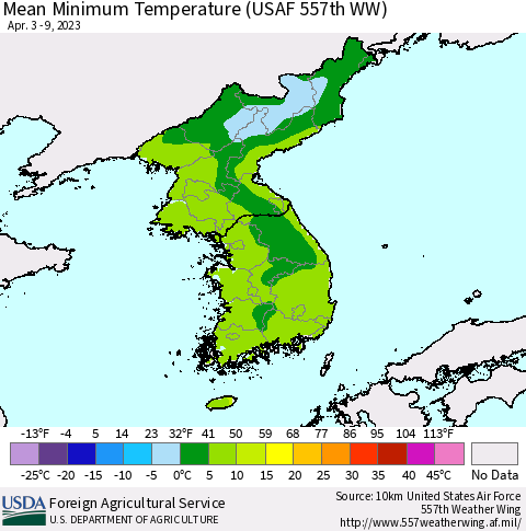 Korea Mean Minimum Temperature (USAF 557th WW) Thematic Map For 4/3/2023 - 4/9/2023