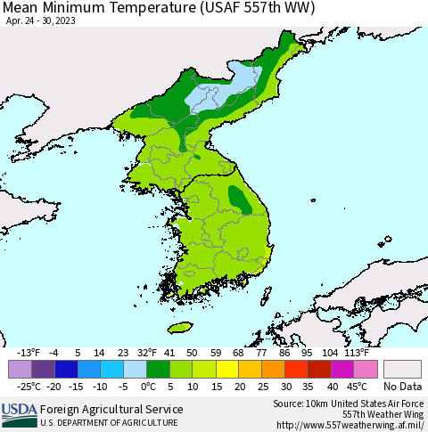 Korea Mean Minimum Temperature (USAF 557th WW) Thematic Map For 4/24/2023 - 4/30/2023