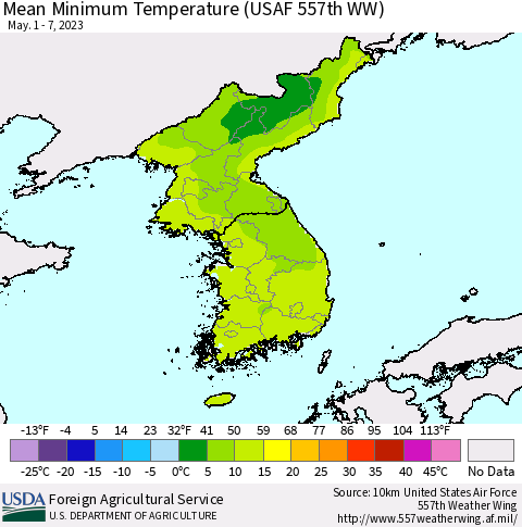 Korea Mean Minimum Temperature (USAF 557th WW) Thematic Map For 5/1/2023 - 5/7/2023