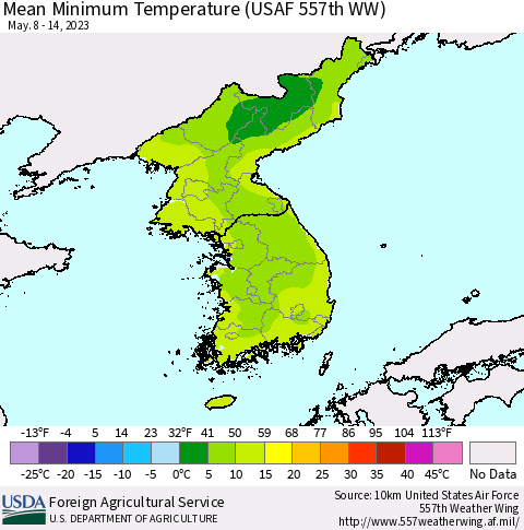 Korea Mean Minimum Temperature (USAF 557th WW) Thematic Map For 5/8/2023 - 5/14/2023