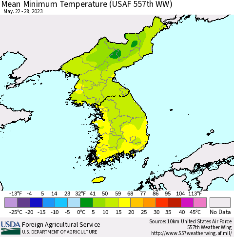 Korea Mean Minimum Temperature (USAF 557th WW) Thematic Map For 5/22/2023 - 5/28/2023