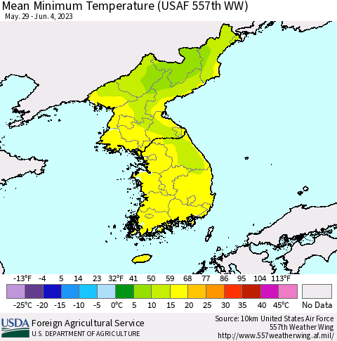 Korea Mean Minimum Temperature (USAF 557th WW) Thematic Map For 5/29/2023 - 6/4/2023