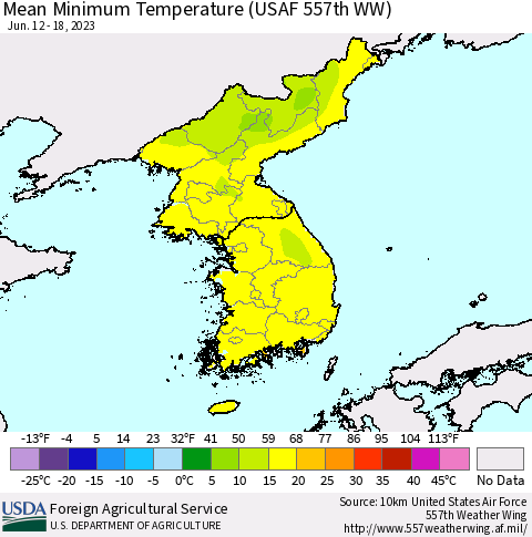 Korea Mean Minimum Temperature (USAF 557th WW) Thematic Map For 6/12/2023 - 6/18/2023