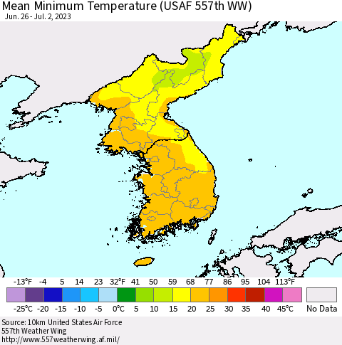 Korea Mean Minimum Temperature (USAF 557th WW) Thematic Map For 6/26/2023 - 7/2/2023
