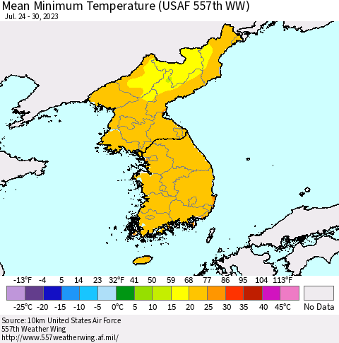 Korea Mean Minimum Temperature (USAF 557th WW) Thematic Map For 7/24/2023 - 7/30/2023