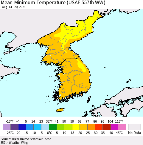 Korea Mean Minimum Temperature (USAF 557th WW) Thematic Map For 8/14/2023 - 8/20/2023