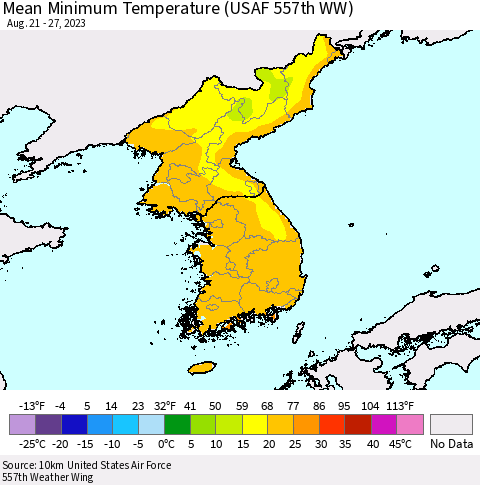 Korea Mean Minimum Temperature (USAF 557th WW) Thematic Map For 8/21/2023 - 8/27/2023