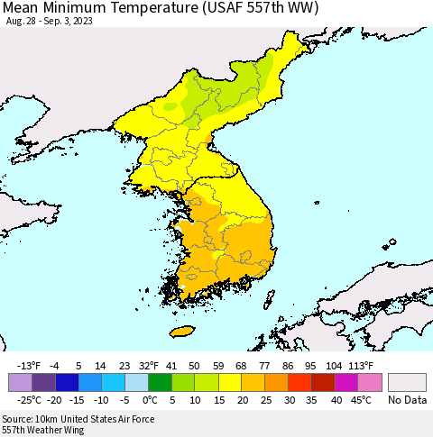 Korea Mean Minimum Temperature (USAF 557th WW) Thematic Map For 8/28/2023 - 9/3/2023