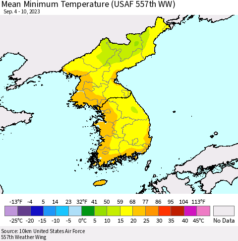 Korea Mean Minimum Temperature (USAF 557th WW) Thematic Map For 9/4/2023 - 9/10/2023