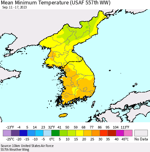 Korea Mean Minimum Temperature (USAF 557th WW) Thematic Map For 9/11/2023 - 9/17/2023