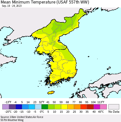 Korea Mean Minimum Temperature (USAF 557th WW) Thematic Map For 9/18/2023 - 9/24/2023