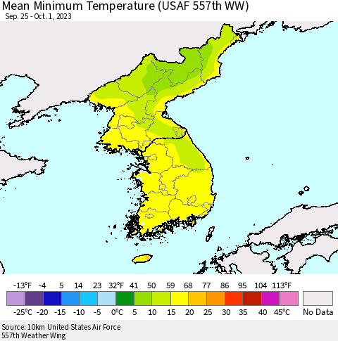 Korea Mean Minimum Temperature (USAF 557th WW) Thematic Map For 9/25/2023 - 10/1/2023