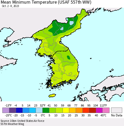 Korea Mean Minimum Temperature (USAF 557th WW) Thematic Map For 10/2/2023 - 10/8/2023