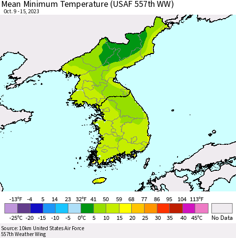 Korea Mean Minimum Temperature (USAF 557th WW) Thematic Map For 10/9/2023 - 10/15/2023