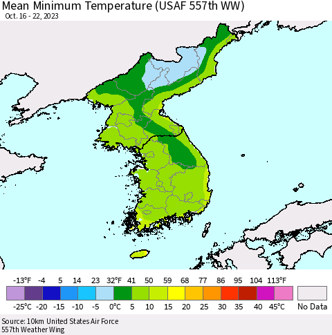Korea Mean Minimum Temperature (USAF 557th WW) Thematic Map For 10/16/2023 - 10/22/2023