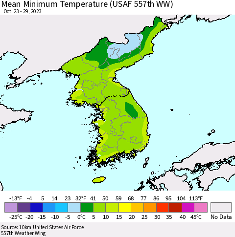 Korea Mean Minimum Temperature (USAF 557th WW) Thematic Map For 10/23/2023 - 10/29/2023