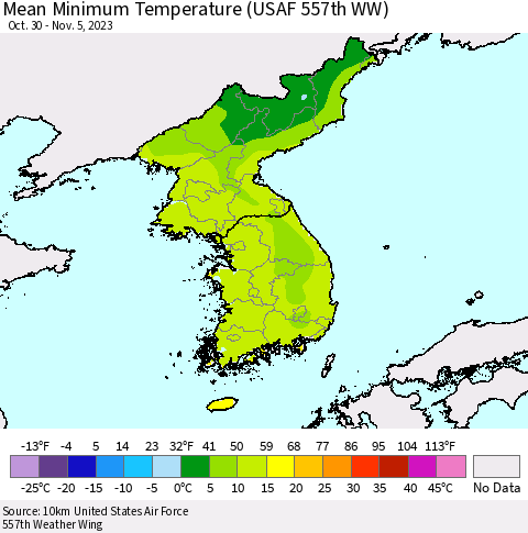 Korea Mean Minimum Temperature (USAF 557th WW) Thematic Map For 10/30/2023 - 11/5/2023