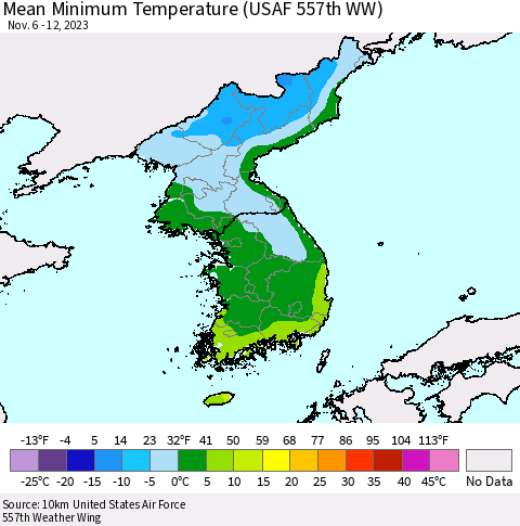 Korea Mean Minimum Temperature (USAF 557th WW) Thematic Map For 11/6/2023 - 11/12/2023