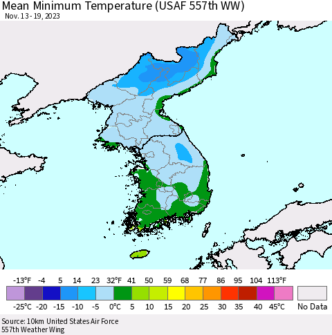 Korea Mean Minimum Temperature (USAF 557th WW) Thematic Map For 11/13/2023 - 11/19/2023