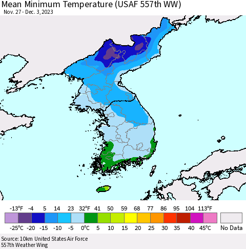 Korea Mean Minimum Temperature (USAF 557th WW) Thematic Map For 11/27/2023 - 12/3/2023