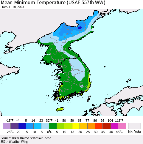 Korea Mean Minimum Temperature (USAF 557th WW) Thematic Map For 12/4/2023 - 12/10/2023