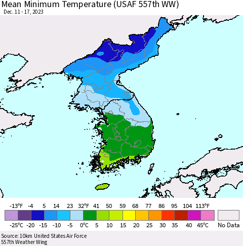 Korea Mean Minimum Temperature (USAF 557th WW) Thematic Map For 12/11/2023 - 12/17/2023