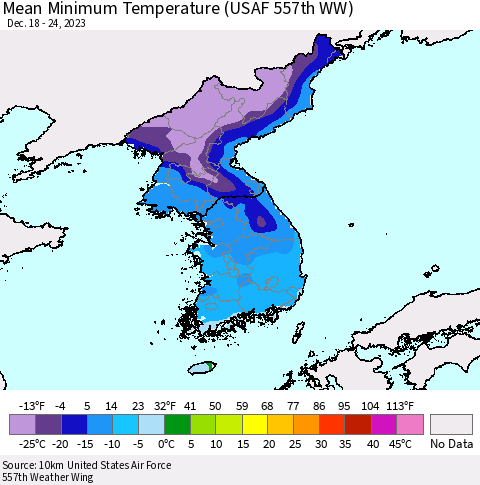 Korea Mean Minimum Temperature (USAF 557th WW) Thematic Map For 12/18/2023 - 12/24/2023
