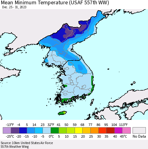 Korea Mean Minimum Temperature (USAF 557th WW) Thematic Map For 12/25/2023 - 12/31/2023