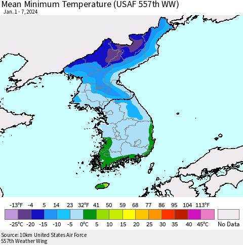 Korea Mean Minimum Temperature (USAF 557th WW) Thematic Map For 1/1/2024 - 1/7/2024