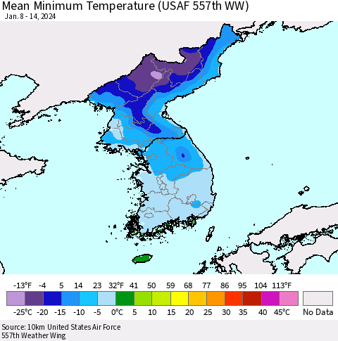 Korea Mean Minimum Temperature (USAF 557th WW) Thematic Map For 1/8/2024 - 1/14/2024