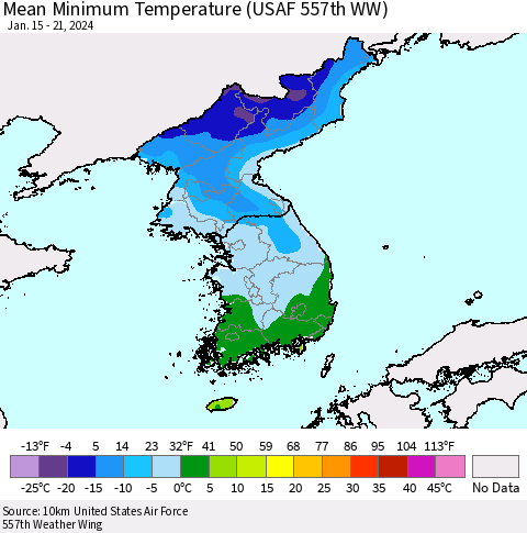 Korea Mean Minimum Temperature (USAF 557th WW) Thematic Map For 1/15/2024 - 1/21/2024