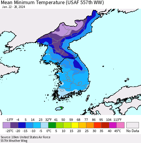 Korea Mean Minimum Temperature (USAF 557th WW) Thematic Map For 1/22/2024 - 1/28/2024