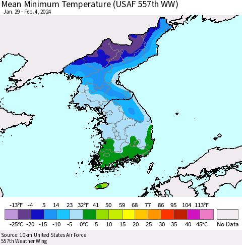 Korea Mean Minimum Temperature (USAF 557th WW) Thematic Map For 1/29/2024 - 2/4/2024