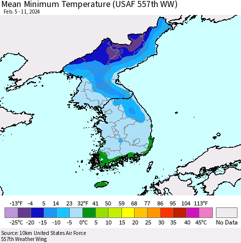 Korea Mean Minimum Temperature (USAF 557th WW) Thematic Map For 2/5/2024 - 2/11/2024