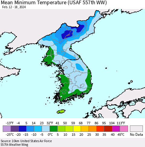 Korea Mean Minimum Temperature (USAF 557th WW) Thematic Map For 2/12/2024 - 2/18/2024
