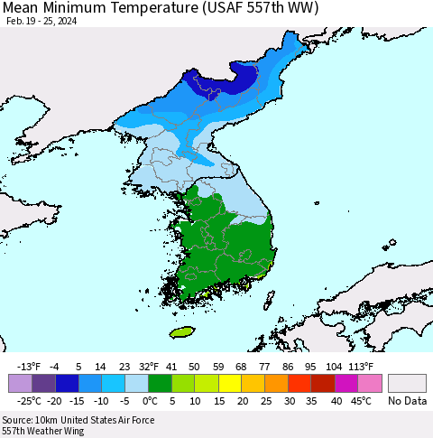 Korea Mean Minimum Temperature (USAF 557th WW) Thematic Map For 2/19/2024 - 2/25/2024