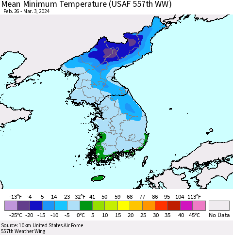 Korea Mean Minimum Temperature (USAF 557th WW) Thematic Map For 2/26/2024 - 3/3/2024