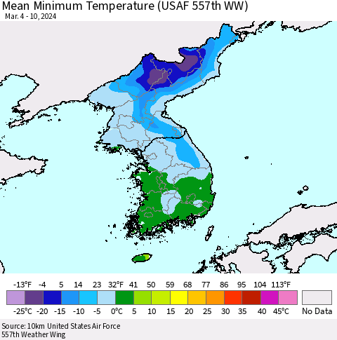Korea Mean Minimum Temperature (USAF 557th WW) Thematic Map For 3/4/2024 - 3/10/2024