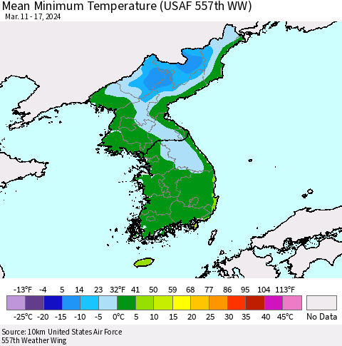 Korea Mean Minimum Temperature (USAF 557th WW) Thematic Map For 3/11/2024 - 3/17/2024
