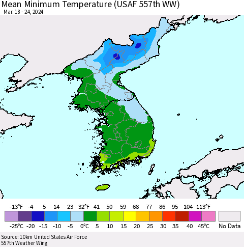 Korea Mean Minimum Temperature (USAF 557th WW) Thematic Map For 3/18/2024 - 3/24/2024