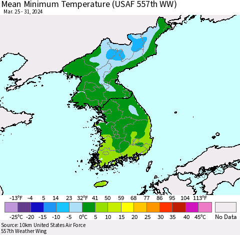 Korea Mean Minimum Temperature (USAF 557th WW) Thematic Map For 3/25/2024 - 3/31/2024
