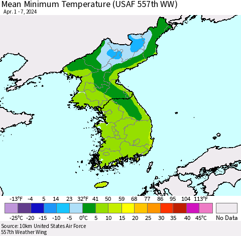 Korea Mean Minimum Temperature (USAF 557th WW) Thematic Map For 4/1/2024 - 4/7/2024