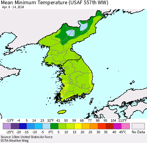 Korea Mean Minimum Temperature (USAF 557th WW) Thematic Map For 4/8/2024 - 4/14/2024
