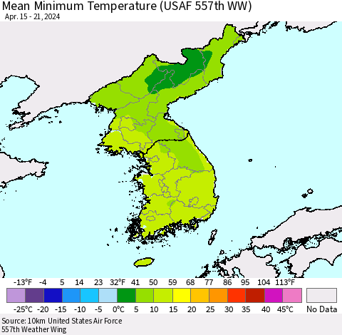 Korea Mean Minimum Temperature (USAF 557th WW) Thematic Map For 4/15/2024 - 4/21/2024