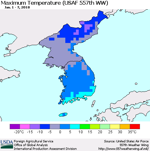 Korea Mean Maximum Temperature (USAF 557th WW) Thematic Map For 1/1/2018 - 1/7/2018