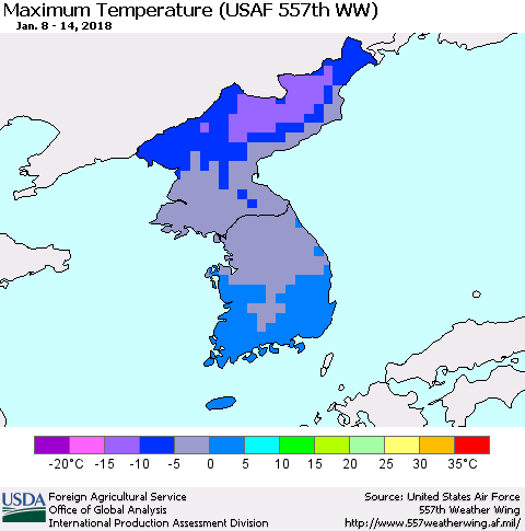 Korea Mean Maximum Temperature (USAF 557th WW) Thematic Map For 1/8/2018 - 1/14/2018