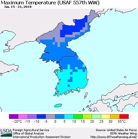 Korea Mean Maximum Temperature (USAF 557th WW) Thematic Map For 1/15/2018 - 1/21/2018
